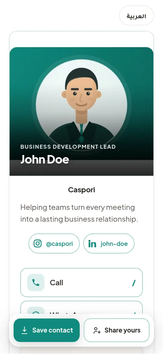 A Caspori digital business card shown on a phone